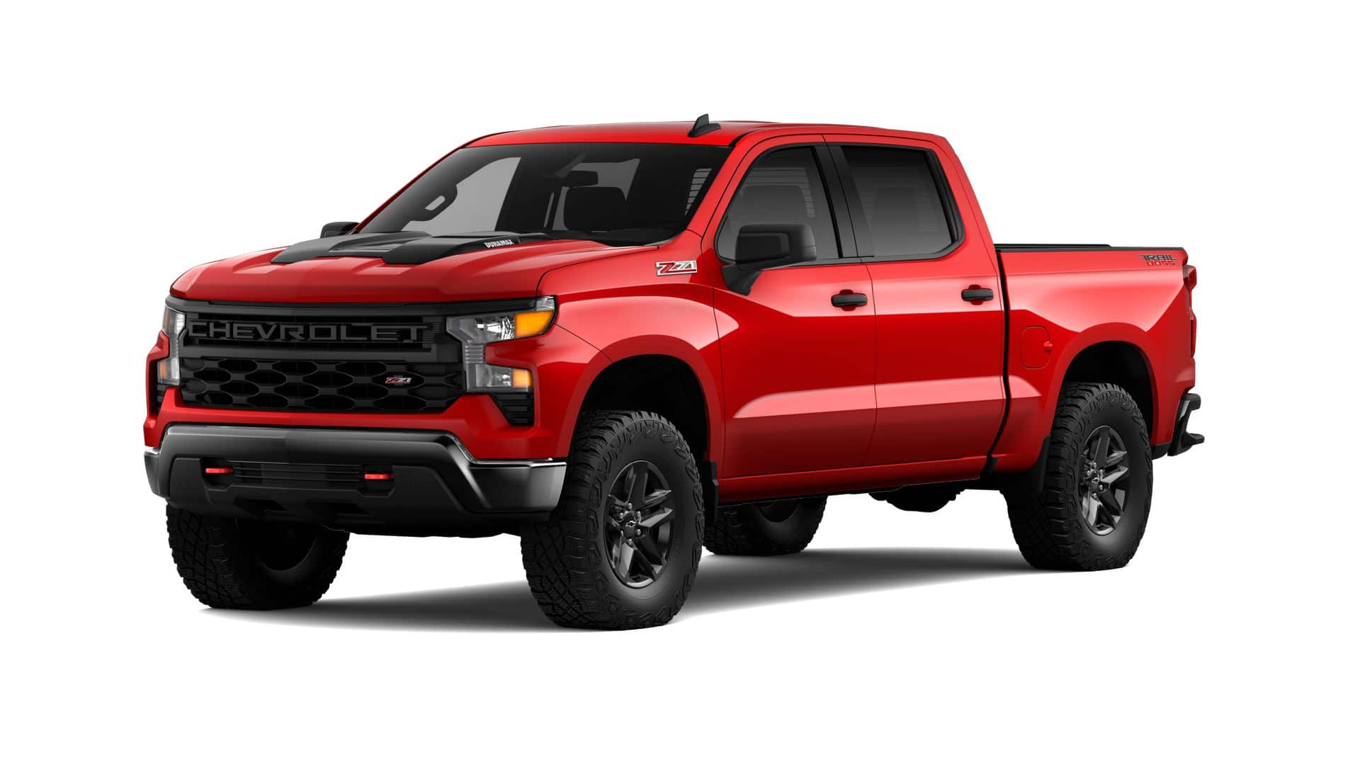 2026 Chevrolet Silverado 1500 Custom Trail Boss in Red Hot — front three-quarter view